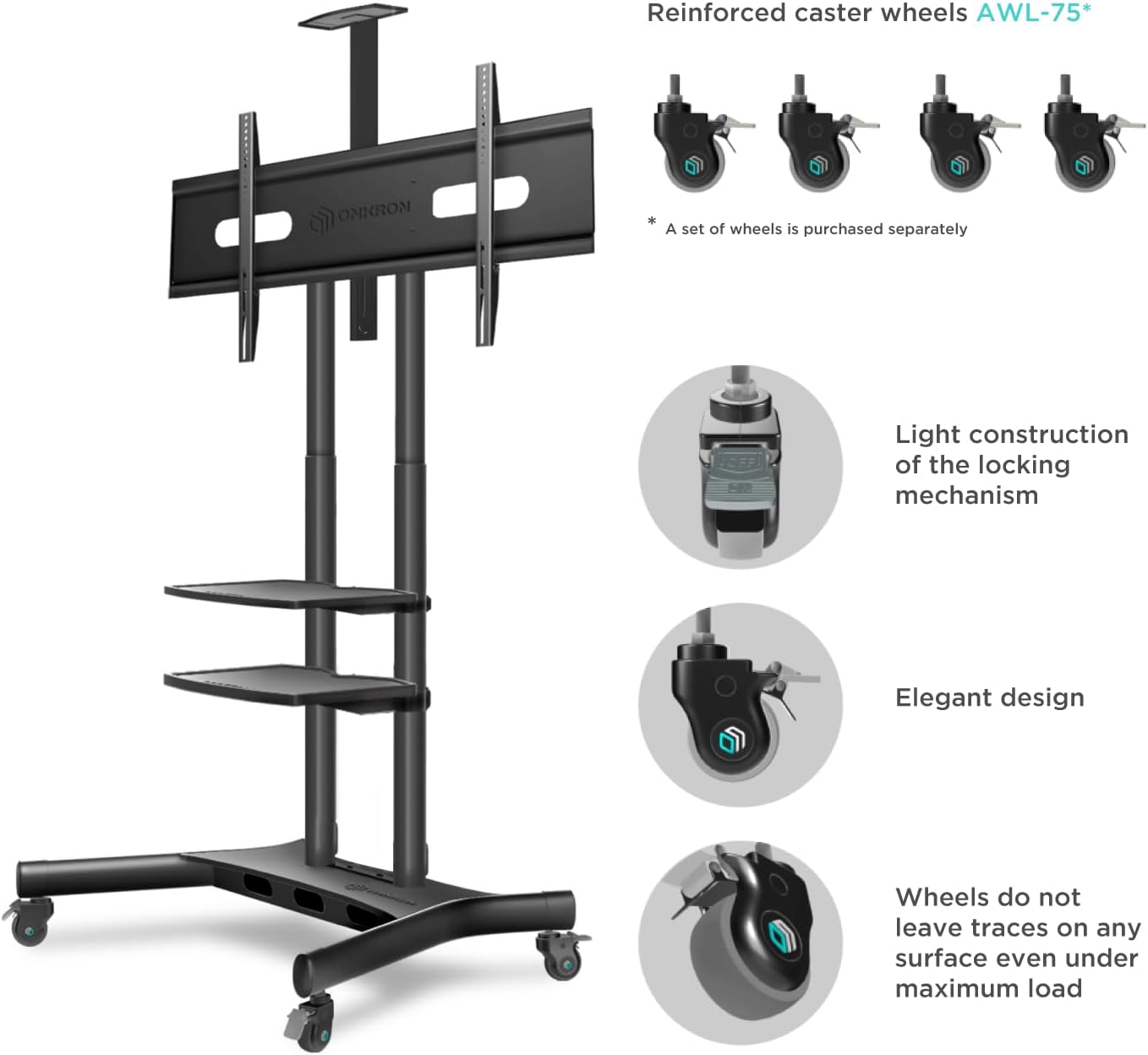 ONKRON Mobile TV Stand on Wheels for 50" - 86" TVs Screens, Portable TV on Wheels Heavy Duty up to 90,9 kg - TV Trolley Stand on Wheels VESA 200x200 - 800x500/Height Adjustable TV Stand TS1881 - B Black - Amazing Gadgets Outlet