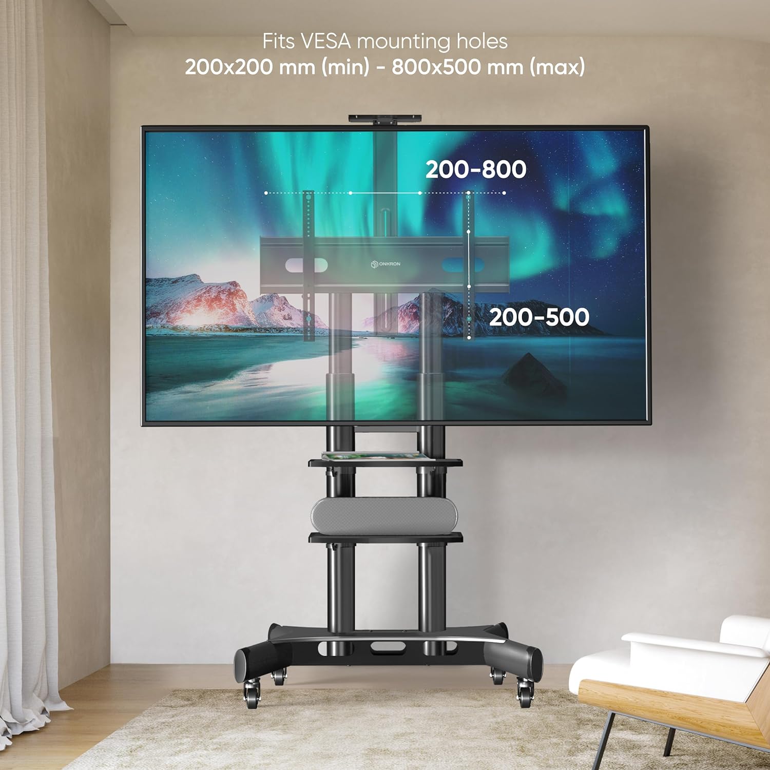 ONKRON Mobile TV Stand on Wheels for 50" - 86" TVs Screens, Portable TV on Wheels Heavy Duty up to 90,9 kg - TV Trolley Stand on Wheels VESA 200x200 - 800x500/Height Adjustable TV Stand TS1881 - B Black - Amazing Gadgets Outlet