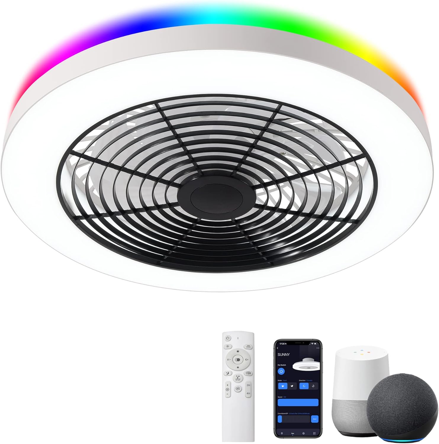 Orison Low Profile Ceiling Fan with Lamps - 19.7 in Smart Bladeless Ceiling Fans with Alexa/Google Assistant/App Control Color Changing LED - RGB Back Ambient Light for Living Room Bedroom(Black) - Amazing Gadgets Outlet