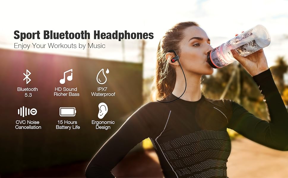 Otium Bluetooth Headphones, Wireless Headphones IPX7 Waterproof Earphones Sport Earbuds With Bluetooth 5.3 Chip 15 Hours Battery, Sound Isolation Mic Earbuds for Gym Running Outdoor Sports Workout - Amazing Gadgets Outlet