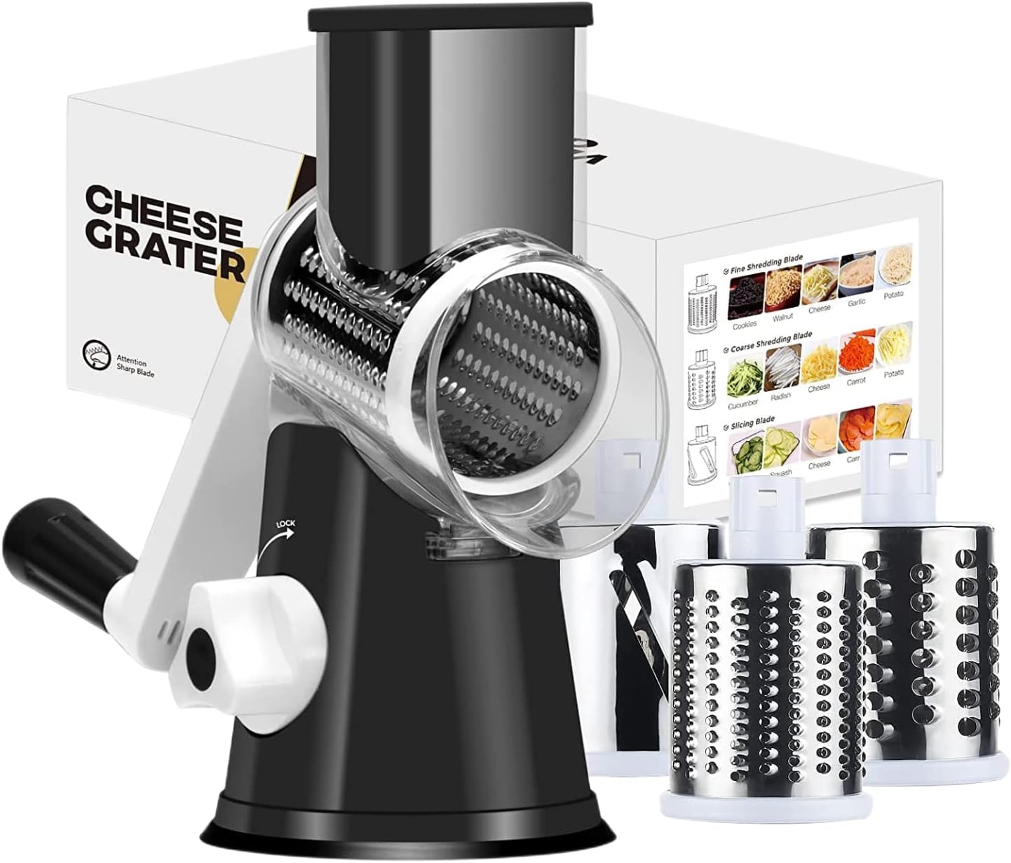 Ourokhome Cheese Grater Vegetable Slicer - Rotary Round Drum Grater Chopper with 3 Stainless Steel Drums Strong Suction Base - Amazing Gadgets Outlet