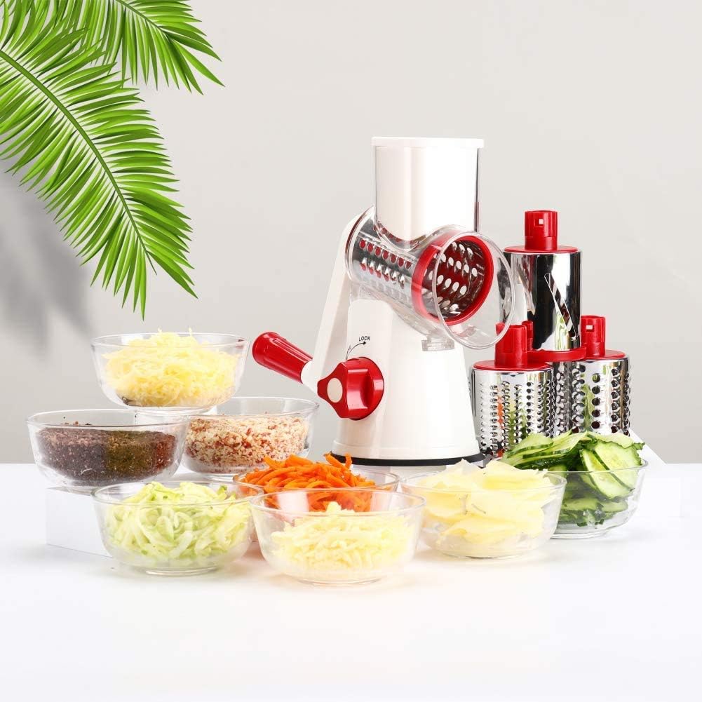 Ourokhome Cheese Grater Vegetable Slicer - Rotary Round Drum Grater Chopper with 3 Stainless Steel Drums Strong Suction Base - Amazing Gadgets Outlet