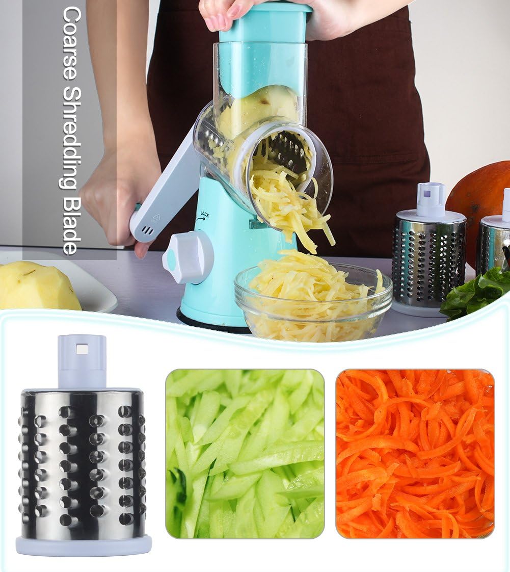 Ourokhome Rotary Cheese Grater Chopper - Vegetable Mandoline Slicer with 3 Interchangeable Ultra Sharp Cylinders Stainless Steel Blades（Blue） - Amazing Gadgets Outlet