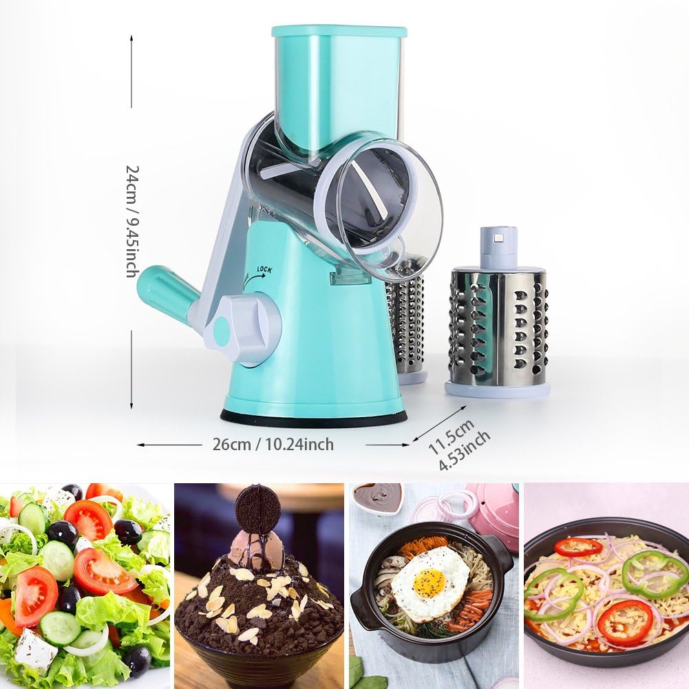 Ourokhome Rotary Cheese Grater Chopper - Vegetable Mandoline Slicer with 3 Interchangeable Ultra Sharp Cylinders Stainless Steel Blades（Blue） - Amazing Gadgets Outlet