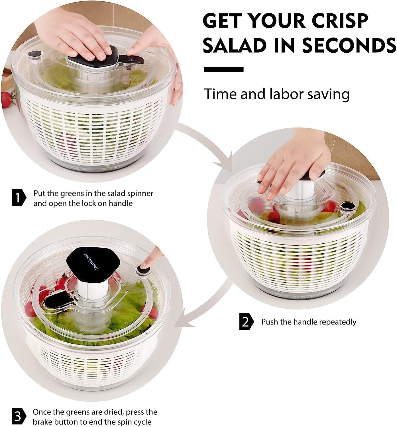 Ourokhome Salad Spinner Lettuce Dryer, One - Handed Easy Press Large Vegetable Dryer Salad Mixer with Comfortable and Retractable Pusher and Brake Button for Greens, Herbs, Berries, Fruits, 6.3 QT - Amazing Gadgets Outlet