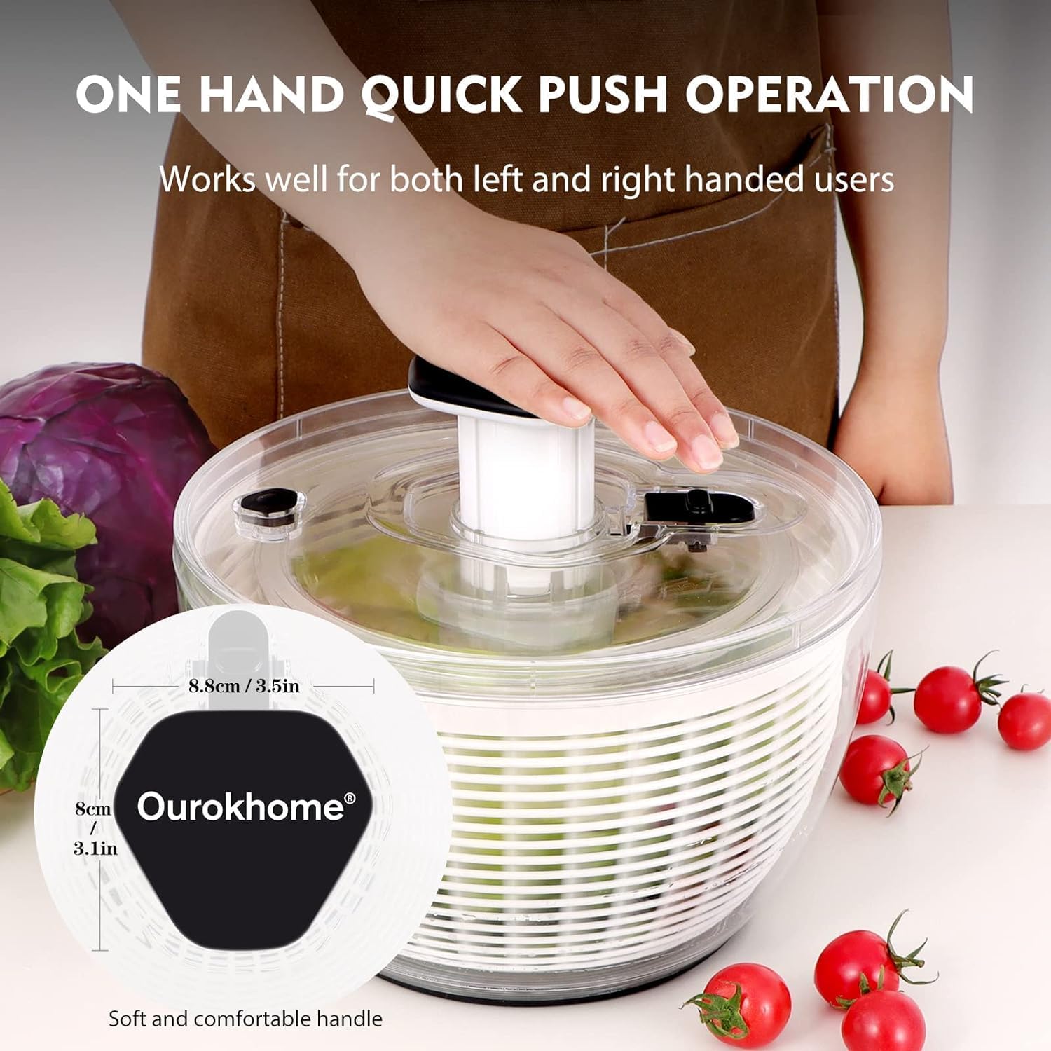 Ourokhome Salad Spinner Lettuce Dryer, One - Handed Easy Press Large Vegetable Dryer Salad Mixer with Comfortable and Retractable Pusher and Brake Button for Greens, Herbs, Berries, Fruits, 6.3 QT - Amazing Gadgets Outlet