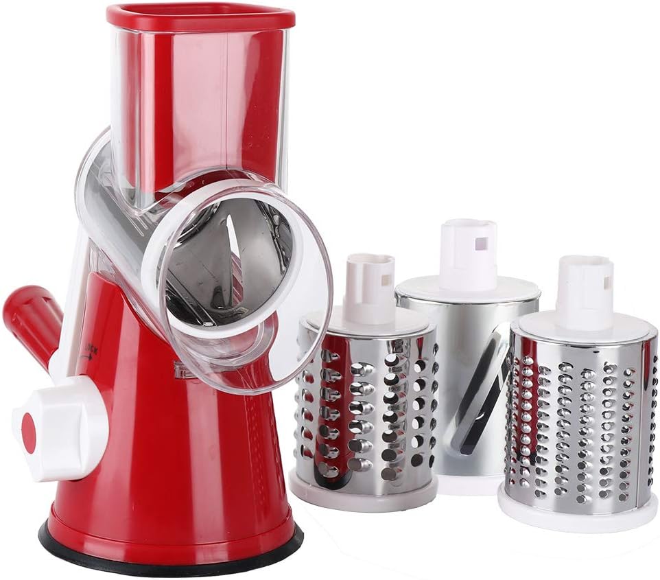 Ourokhome Vegetable Mandoline Slicer Chopper - Rotary Cheese Grater with 3 Interchangeable Ultra Sharp Cylinders Stainless Steel Blades（Red） - Amazing Gadgets Outlet