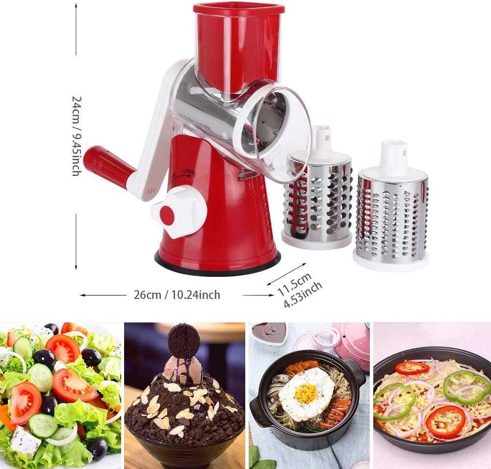 Ourokhome Vegetable Mandoline Slicer Chopper - Rotary Cheese Grater with 3 Interchangeable Ultra Sharp Cylinders Stainless Steel Blades（Red） - Amazing Gadgets Outlet