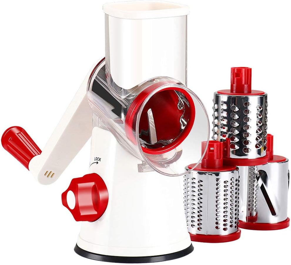 Ourokhome Vegetable Mandoline Slicer Chopper - Rotary Cheese Grater with 3 Interchangeable Ultra Sharp Cylinders Stainless Steel Blades（Red） - Amazing Gadgets Outlet