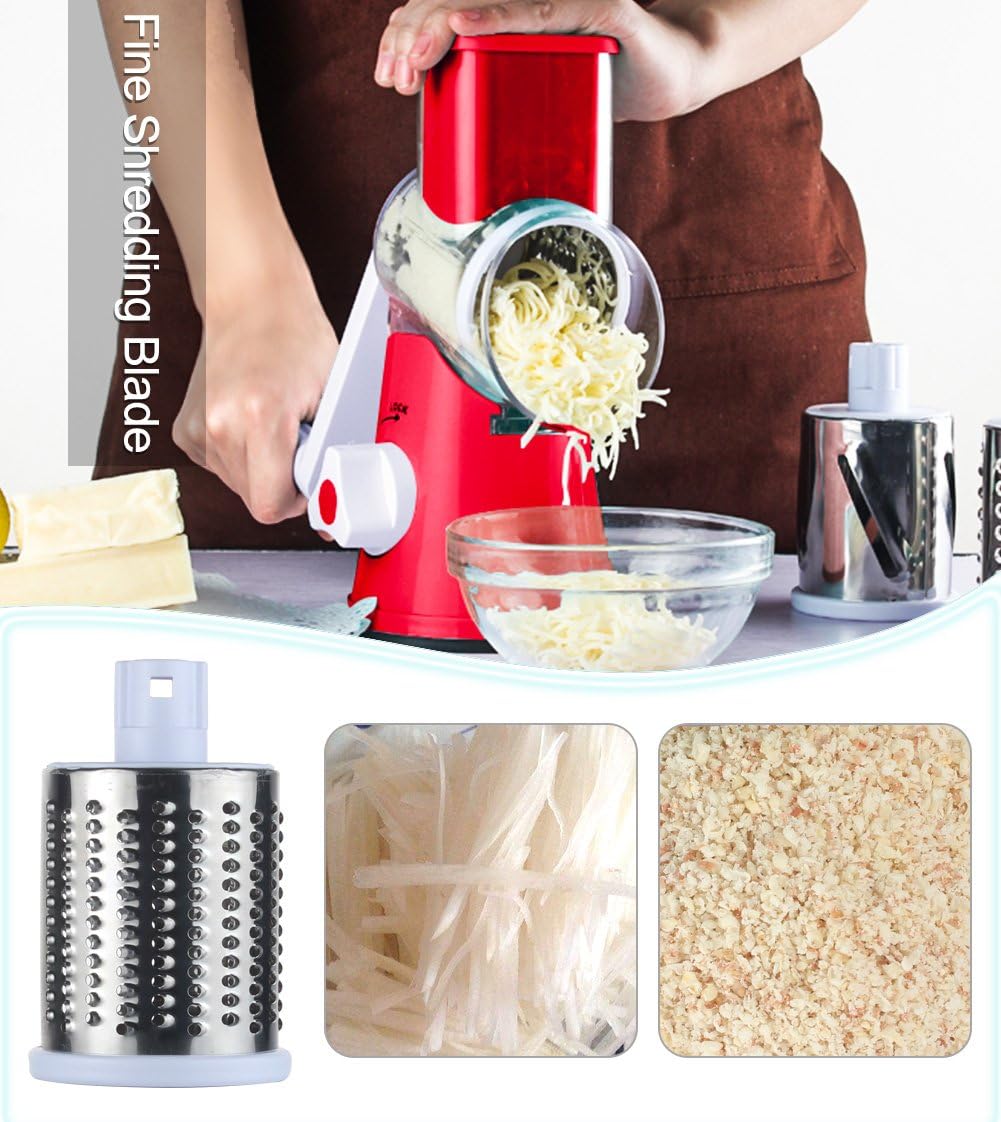 Ourokhome Vegetable Mandoline Slicer Chopper - Rotary Cheese Grater with 3 Interchangeable Ultra Sharp Cylinders Stainless Steel Blades（Red） - Amazing Gadgets Outlet