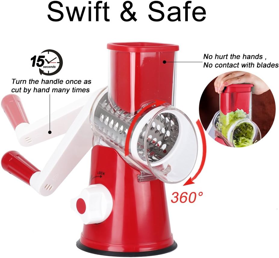 Ourokhome Vegetable Mandoline Slicer Chopper - Rotary Cheese Grater with 3 Interchangeable Ultra Sharp Cylinders Stainless Steel Blades（Red） - Amazing Gadgets Outlet