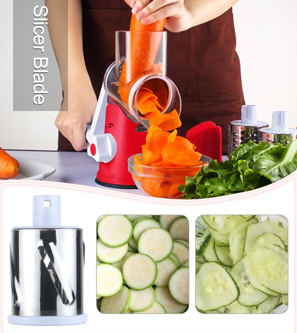 Ourokhome Vegetable Mandoline Slicer Chopper - Rotary Cheese Grater with 3 Interchangeable Ultra Sharp Cylinders Stainless Steel Blades（Red） - Amazing Gadgets Outlet