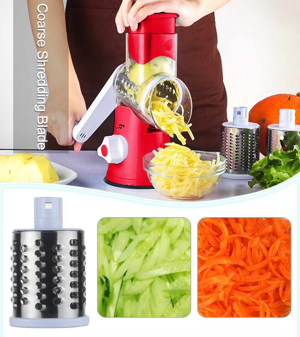 Ourokhome Vegetable Mandoline Slicer Chopper - Rotary Cheese Grater with 3 Interchangeable Ultra Sharp Cylinders Stainless Steel Blades（Red） - Amazing Gadgets Outlet