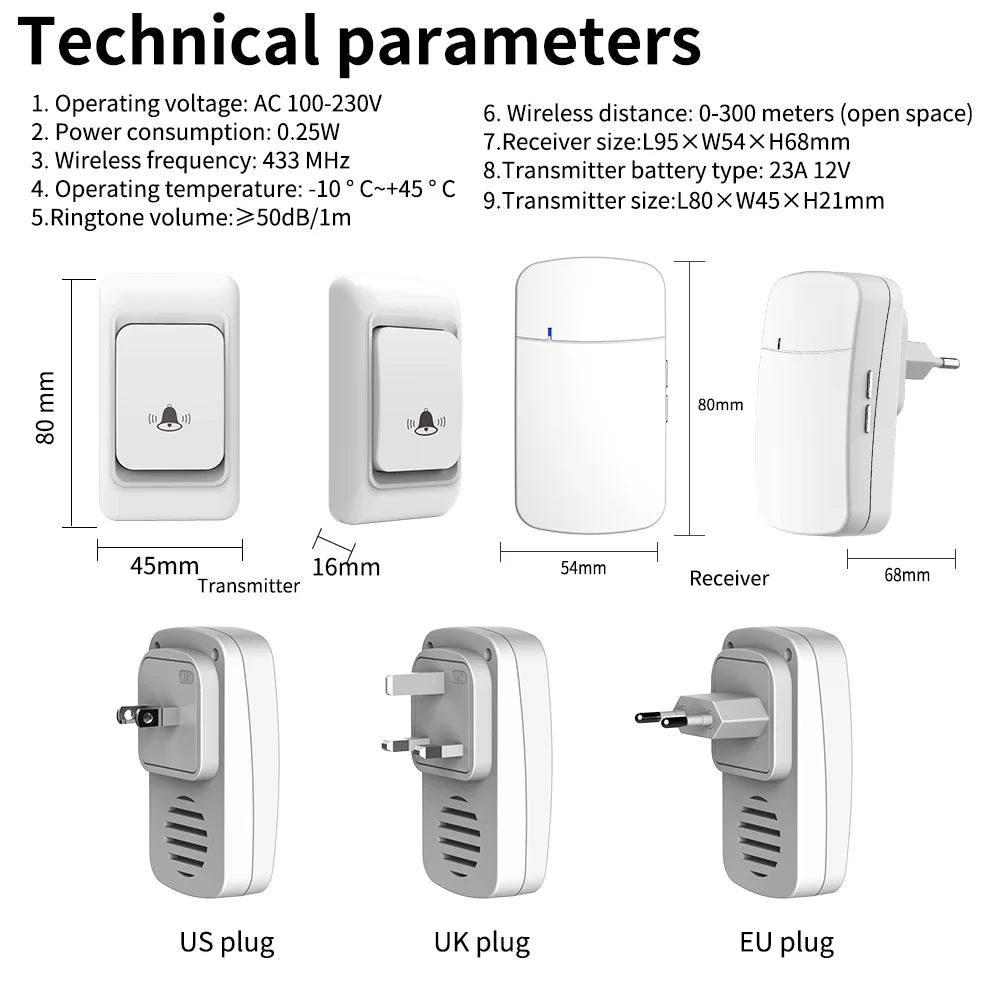 Outdoor Wireless Doorbell Waterproof House Chime Kit 300M Remote EU UK US Plug Home Garden Remote Welcome My Melody Door Bell - Amazing Gadgets Outlet
