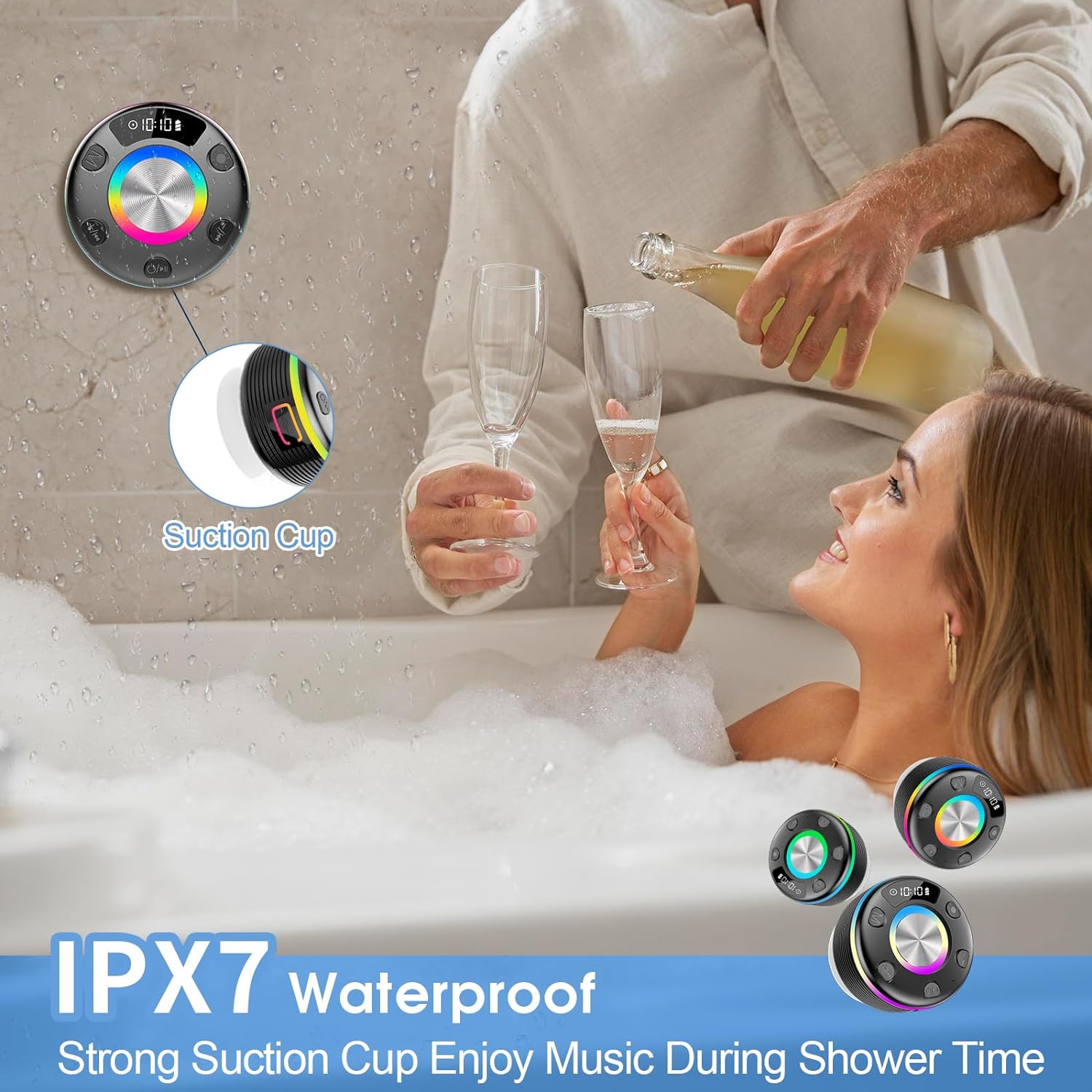 OYIB Bluetooth Shower Speaker, Portable Bluetooth Speaker with 360° Surround Sound, RGB Lights, Built - in Mic, IPX7 Waterproof Wireless Speaker with Suction Cup for Party/Outdoor/Bathroom/Travel - Amazing Gadgets Outlet