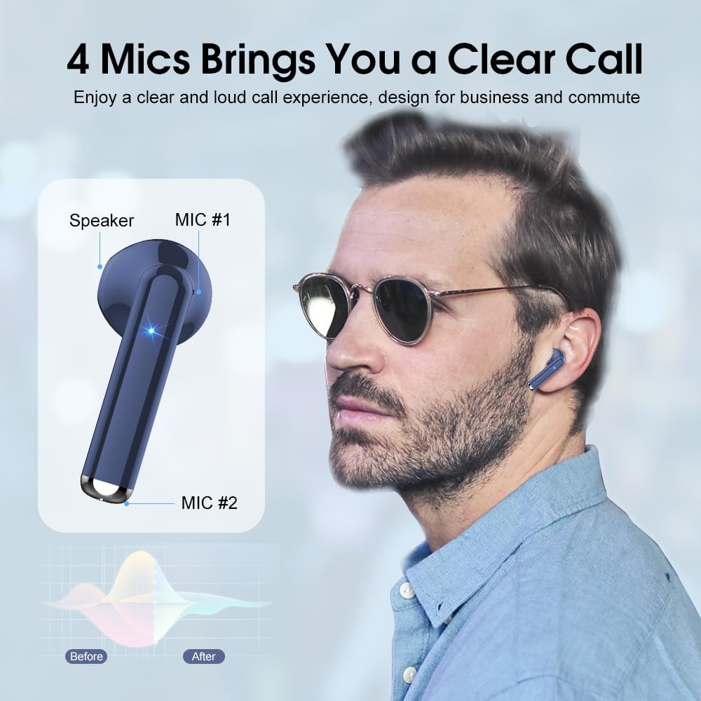 OYIB Wireless Earbuds, Mini Bluetooth 5.3 Headphones HiFi Stereo, Wireless Earphones with ENC Noise Cancelling Mic, Touch Control, Type - C Charging, in Ear Wireless Headphones Deep Blue - Amazing Gadgets Outlet