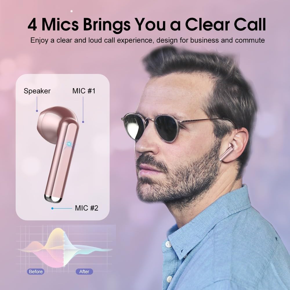 OYIB Wireless Earbuds, Mini Bluetooth 5.3 Headphones HiFi Stereo, Wireless Earphones with ENC Noise Cancelling Mic, Touch Control, Type - C Charging, in Ear Wireless Headphones Rose Gold - Amazing Gadgets Outlet