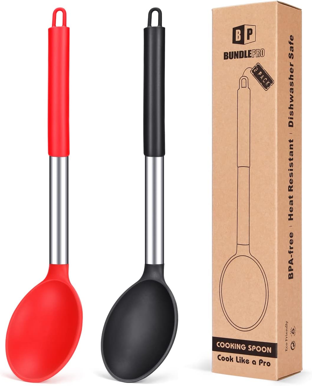 Pack of 2 Large Silicone Cooking Spoon,Non Stick Solid Basting Spoon, Heat - Resistant Kitchen Utensils for Mixing, Serving (Black - Red) - Amazing Gadgets Outlet