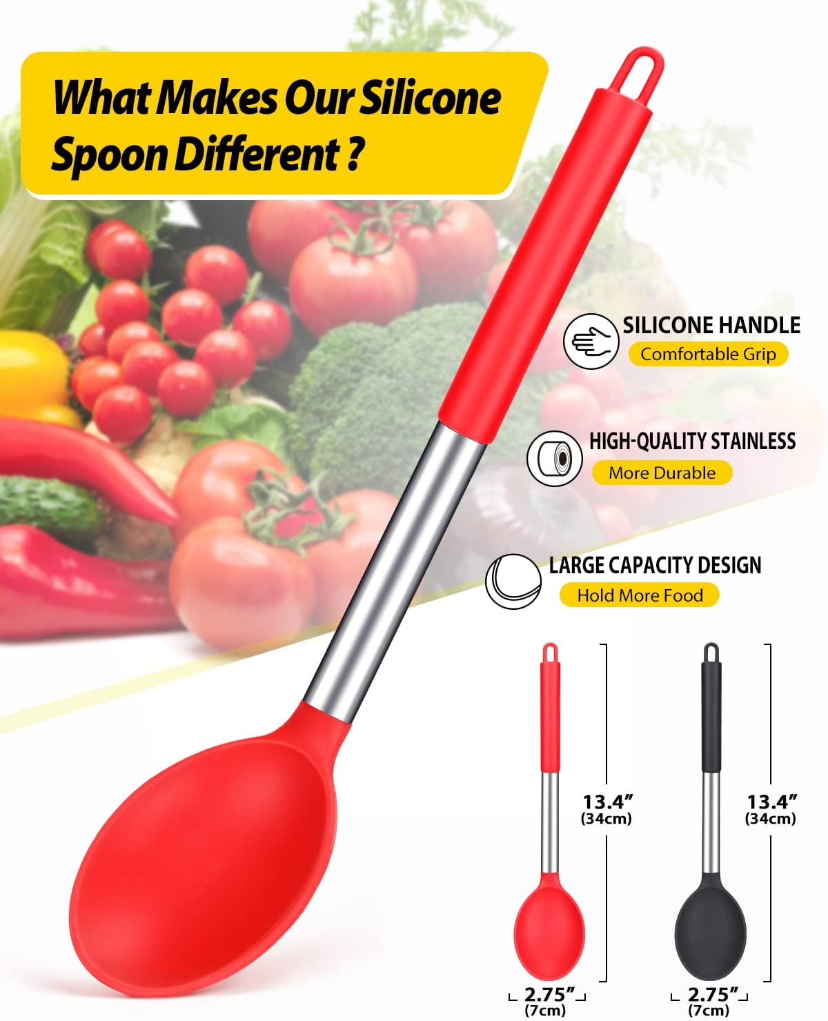 Pack of 2 Large Silicone Cooking Spoon,Non Stick Solid Basting Spoon, Heat - Resistant Kitchen Utensils for Mixing, Serving (Black - Red) - Amazing Gadgets Outlet