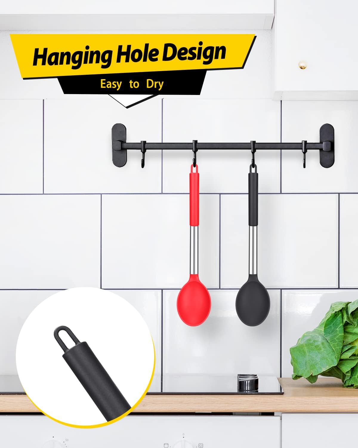 Pack of 2 Large Silicone Cooking Spoon,Non Stick Solid Basting Spoon, Heat - Resistant Kitchen Utensils for Mixing, Serving (Black - Red) - Amazing Gadgets Outlet