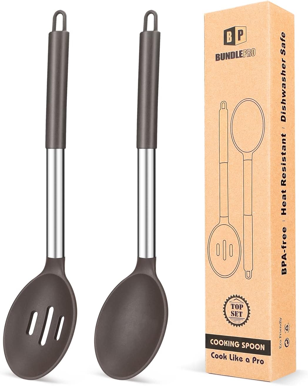 Pack of 2 Large Silicone Cooking Spoons,Non Stick Solid Basting Spoon,Heat - Resistant Kitchen Utensils for Mixing,Serving,Draining,Stirring (Black) - Amazing Gadgets Outlet