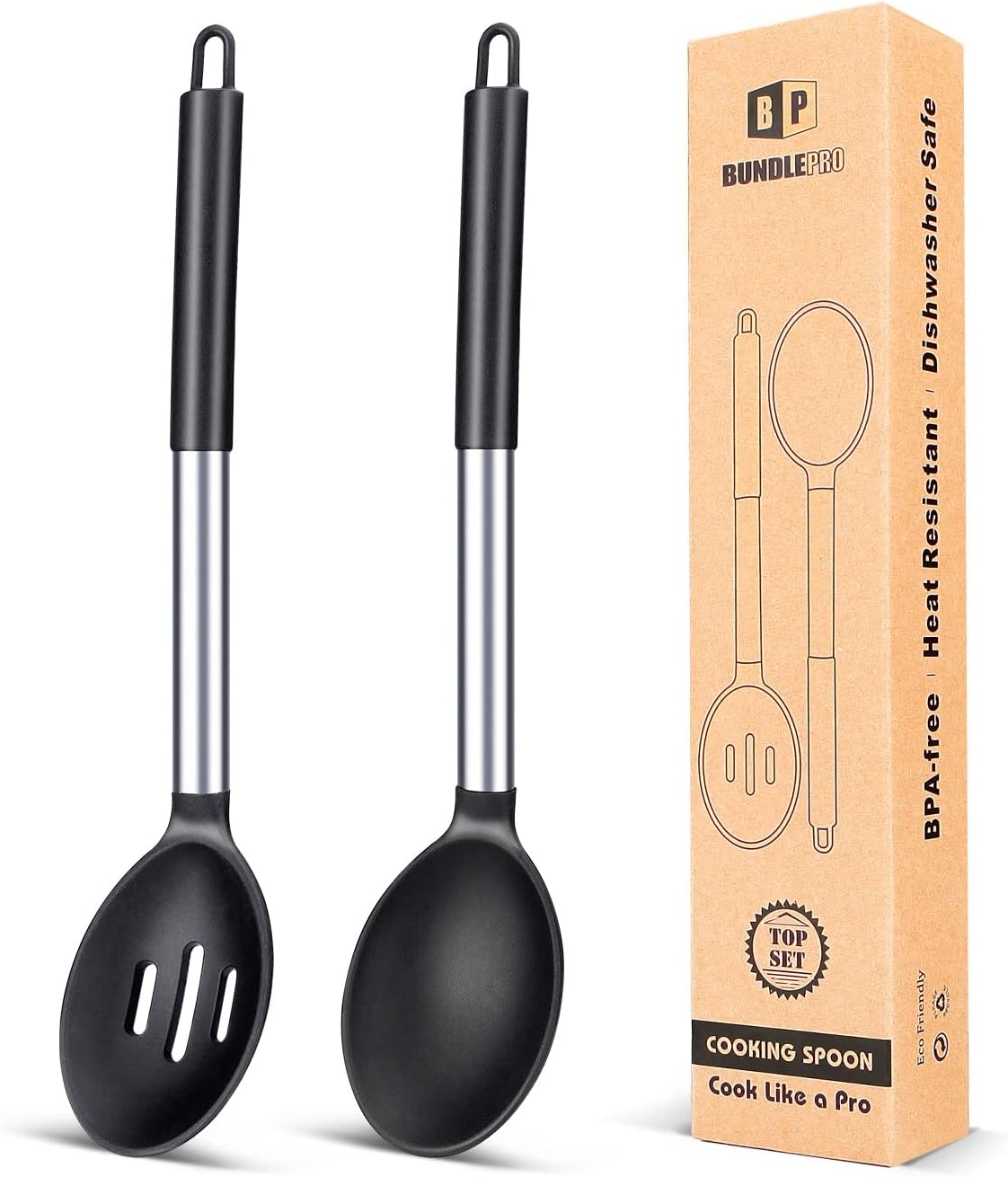 Pack of 2 Large Silicone Cooking Spoons,Non Stick Solid Basting Spoon,Heat - Resistant Kitchen Utensils for Mixing,Serving,Draining,Stirring (Black) - Amazing Gadgets Outlet