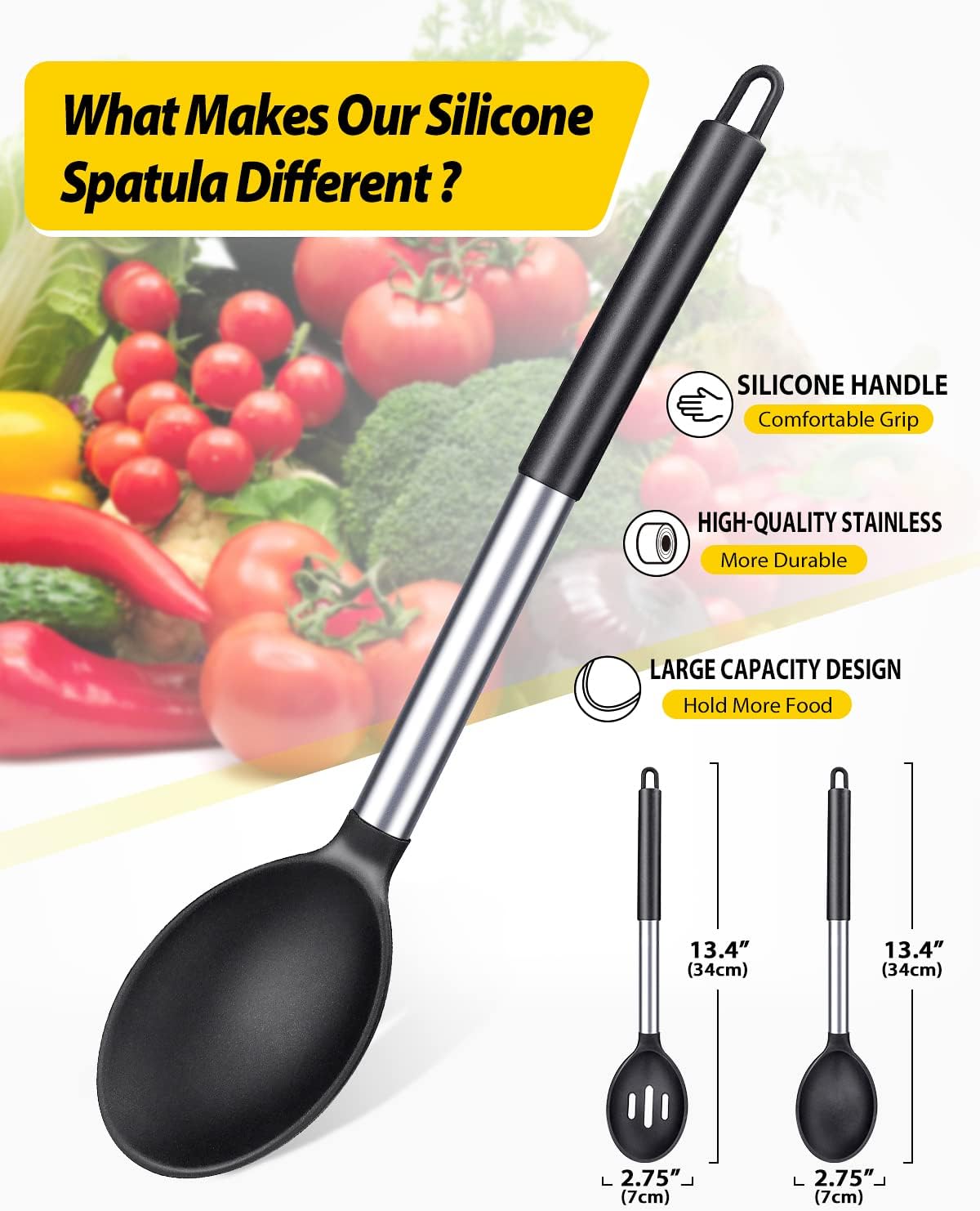 Pack of 2 Large Silicone Cooking Spoons,Non Stick Solid Basting Spoon,Heat - Resistant Kitchen Utensils for Mixing,Serving,Draining,Stirring (Black) - Amazing Gadgets Outlet