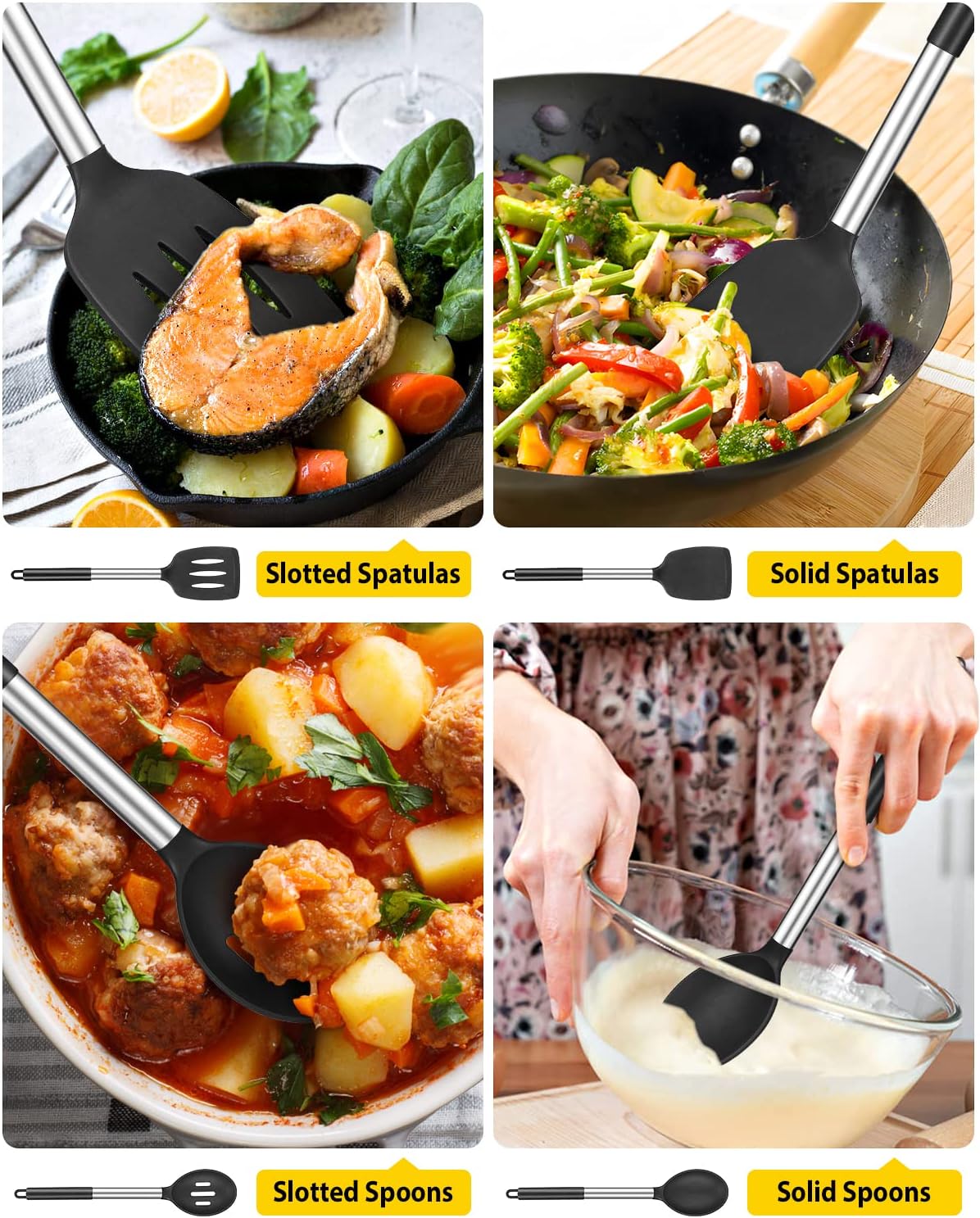 Pack of 4 Silicone Cooking Utensils Set, Non Stick Large Solid Spatulas, Heat Resistant Black Slotted Spoons, Ideal BPA Free Kitchen Turners for Frying, Mixing,Serving,Draining,Turning,Stirring - Amazing Gadgets Outlet