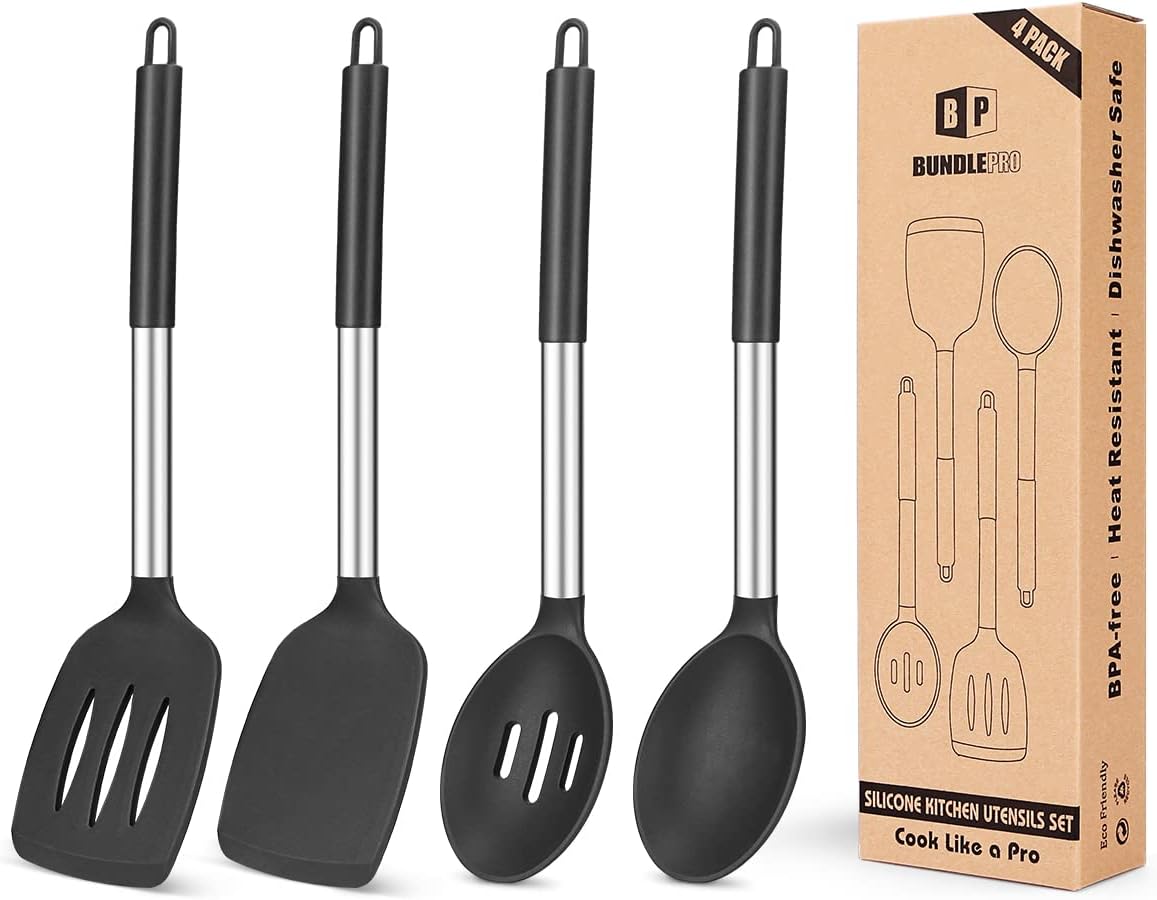 Pack of 4 Silicone Cooking Utensils Set, Non Stick Large Solid Spatulas, Heat Resistant Black Slotted Spoons, Ideal BPA Free Kitchen Turners for Frying, Mixing,Serving,Draining,Turning,Stirring - Amazing Gadgets Outlet