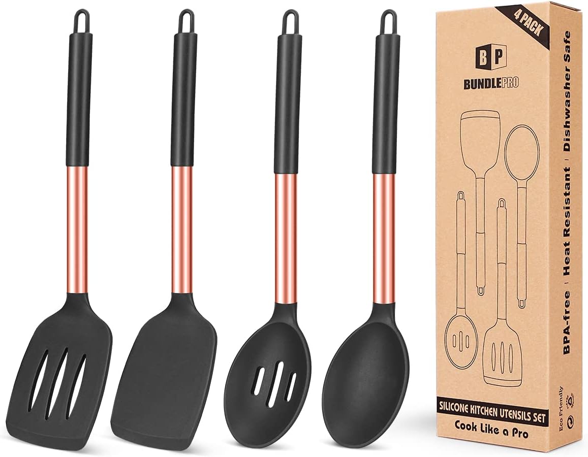 Pack of 4 Silicone Cooking Utensils Set, Non Stick Large Solid Spatulas, Heat Resistant Black Slotted Spoons, Ideal BPA Free Kitchen Turners for Frying, Mixing,Serving,Draining,Turning,Stirring - Amazing Gadgets Outlet