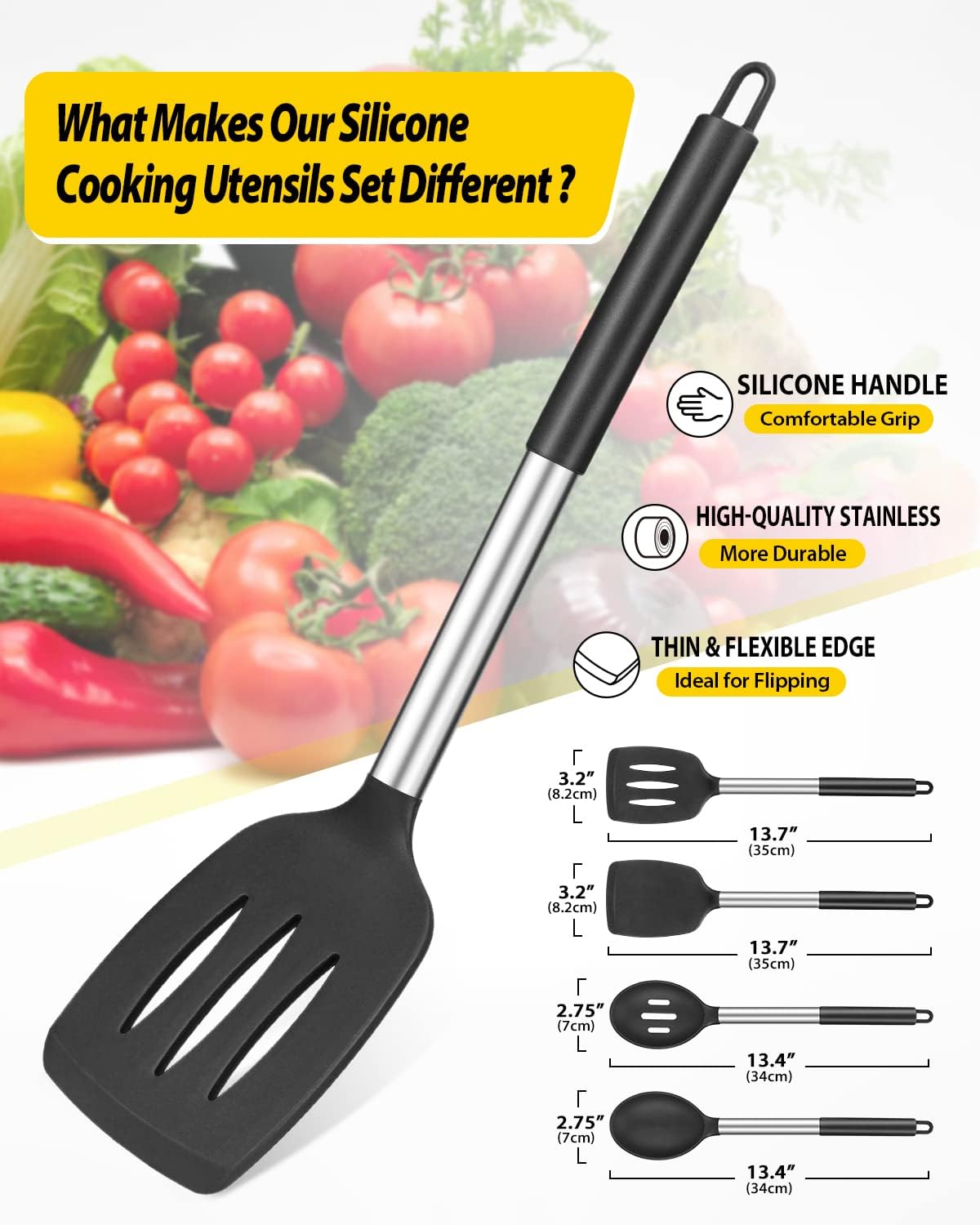 Pack of 4 Silicone Cooking Utensils Set, Non Stick Large Solid Spatulas, Heat Resistant Black Slotted Spoons, Ideal BPA Free Kitchen Turners for Frying, Mixing,Serving,Draining,Turning,Stirring - Amazing Gadgets Outlet