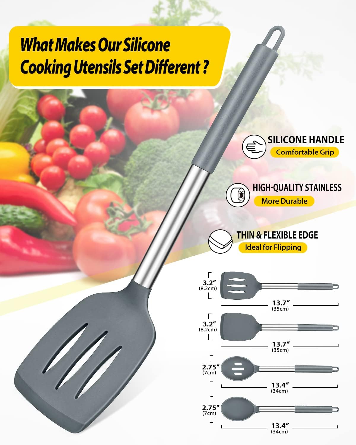 Pack of 4 Silicone Cooking Utensils Set, Non Stick Large Solid Spatulas, Heat Resistant Gray Slotted Spoons, Ideal BPA Free Kitchen Turners for Frying, Mixing,Serving,Draining,Turning,Stirring - Amazing Gadgets Outlet