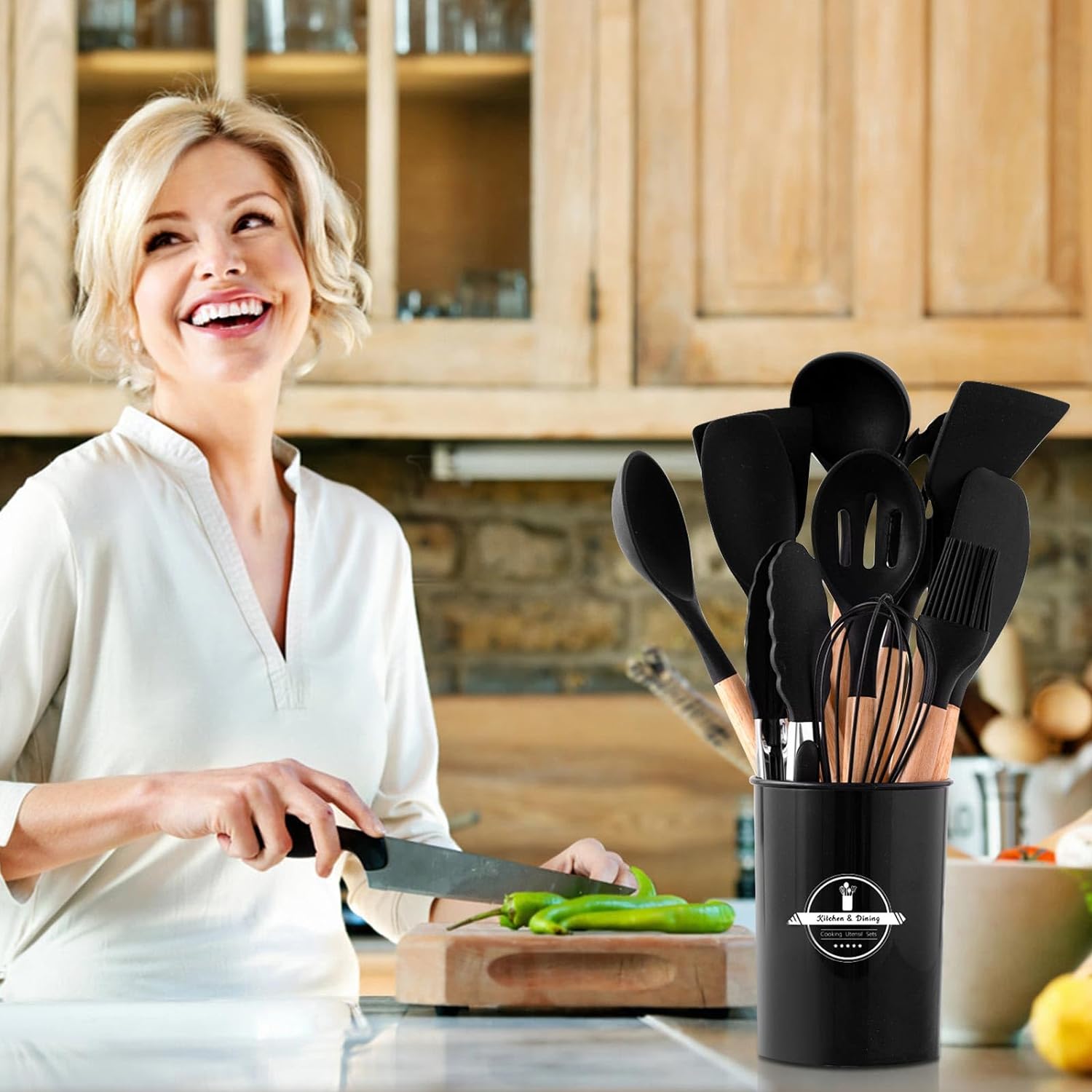 Pagezol 12PCS Kitchen Utensil Set Black, Silicone Cooking Utensils Set BPA Free Non Toxic Non Stick Heat Resistant, Wooden Handles Cooking Tool, Silicone Kitchen Gadgets Utensil, Kitchen Accessories - Amazing Gadgets Outlet