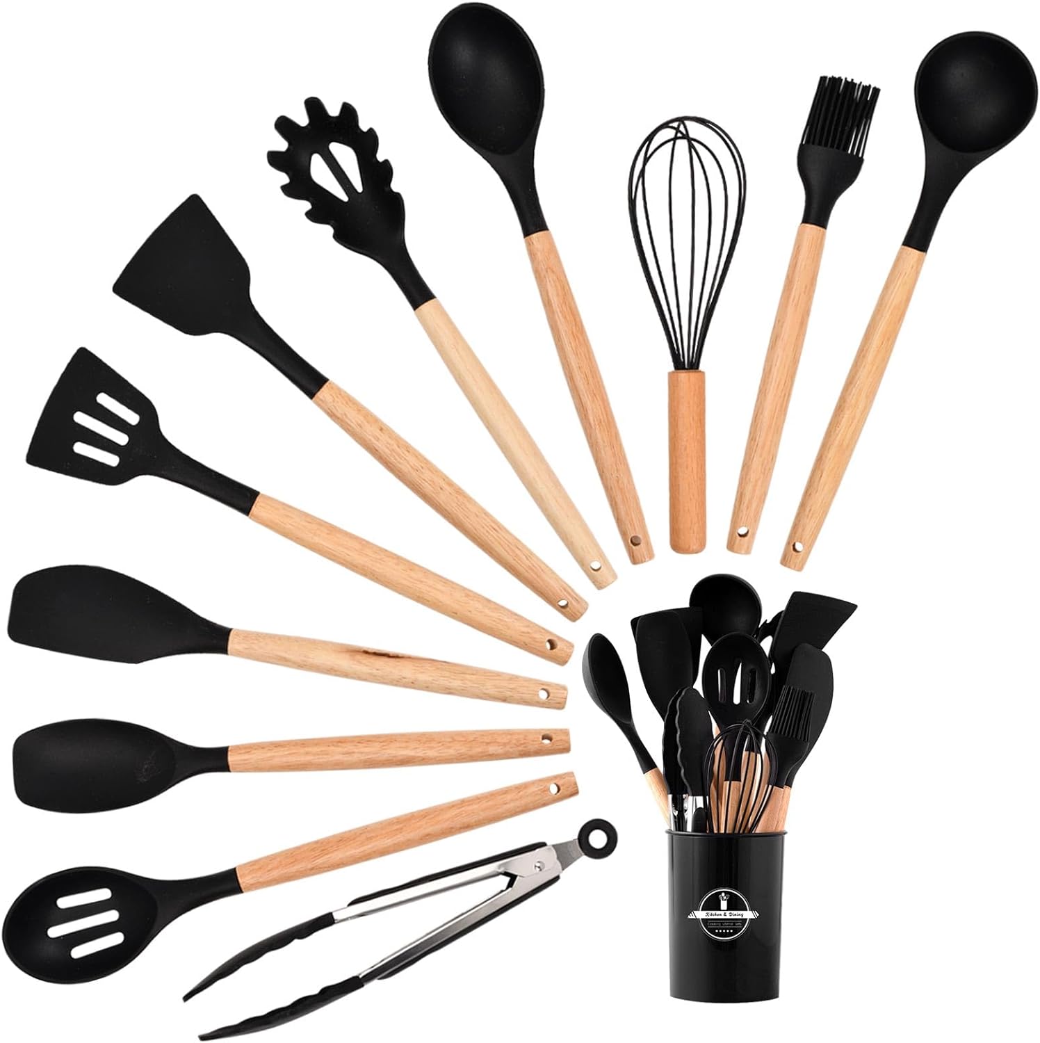 Pagezol 12PCS Kitchen Utensil Set Black, Silicone Cooking Utensils Set BPA Free Non Toxic Non Stick Heat Resistant, Wooden Handles Cooking Tool, Silicone Kitchen Gadgets Utensil, Kitchen Accessories - Amazing Gadgets Outlet