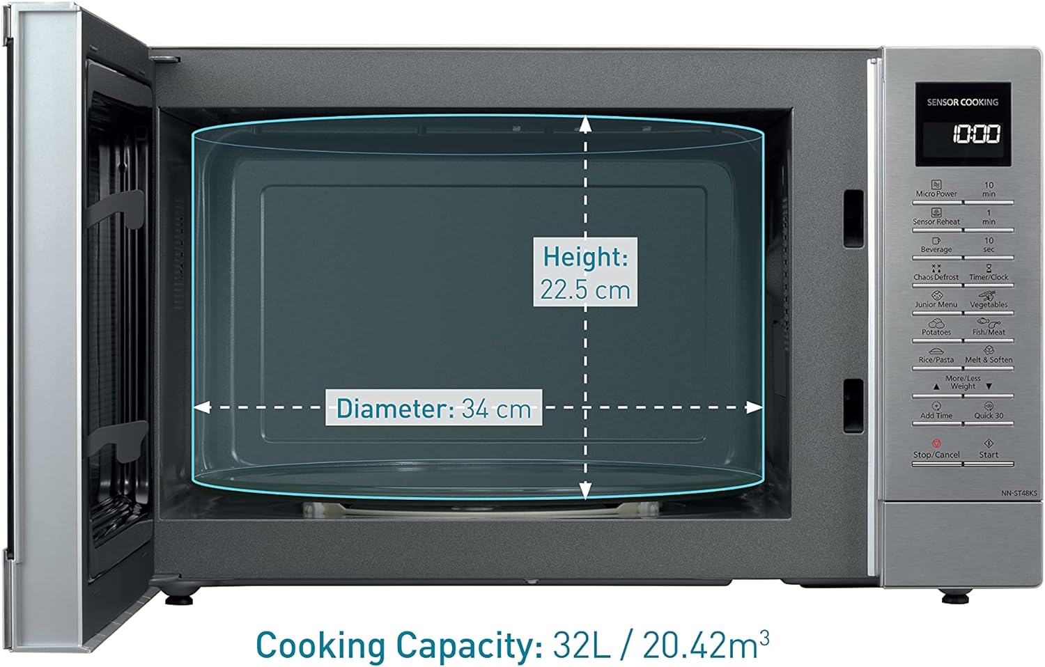 Panasonic NN - ST48KSBPQ Solo Inverter Microwave Oven with Turntable with 25 Programmes and a Junior Menu, 1000 W, 32 L - Silver - Amazing Gadgets Outlet