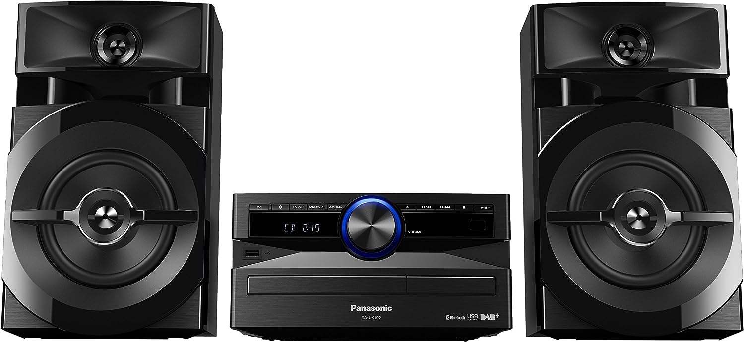 Panasonic SC - UX100E - K Black 300W Mini Hi - Fi System with Bluetooth, USB, CD Player, FM Radio, Manual EQ - Amazing Gadgets Outlet