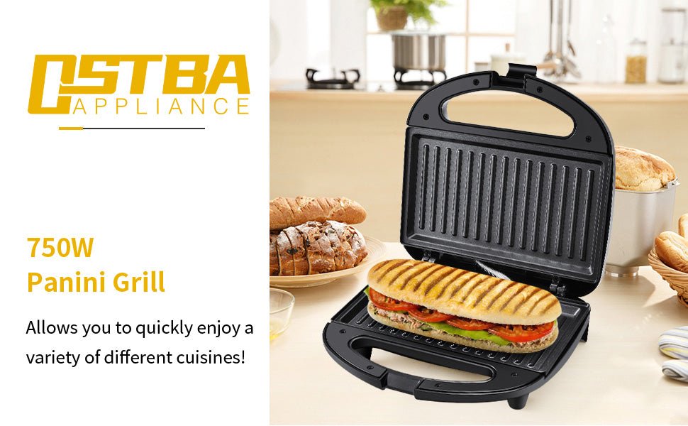 Panini Press Sandwich Maker, Sandwich Press with Indicator Lights, Cool Touch Handle, Non - Stick Coated Plates, 750W, Black - Amazing Gadgets Outlet