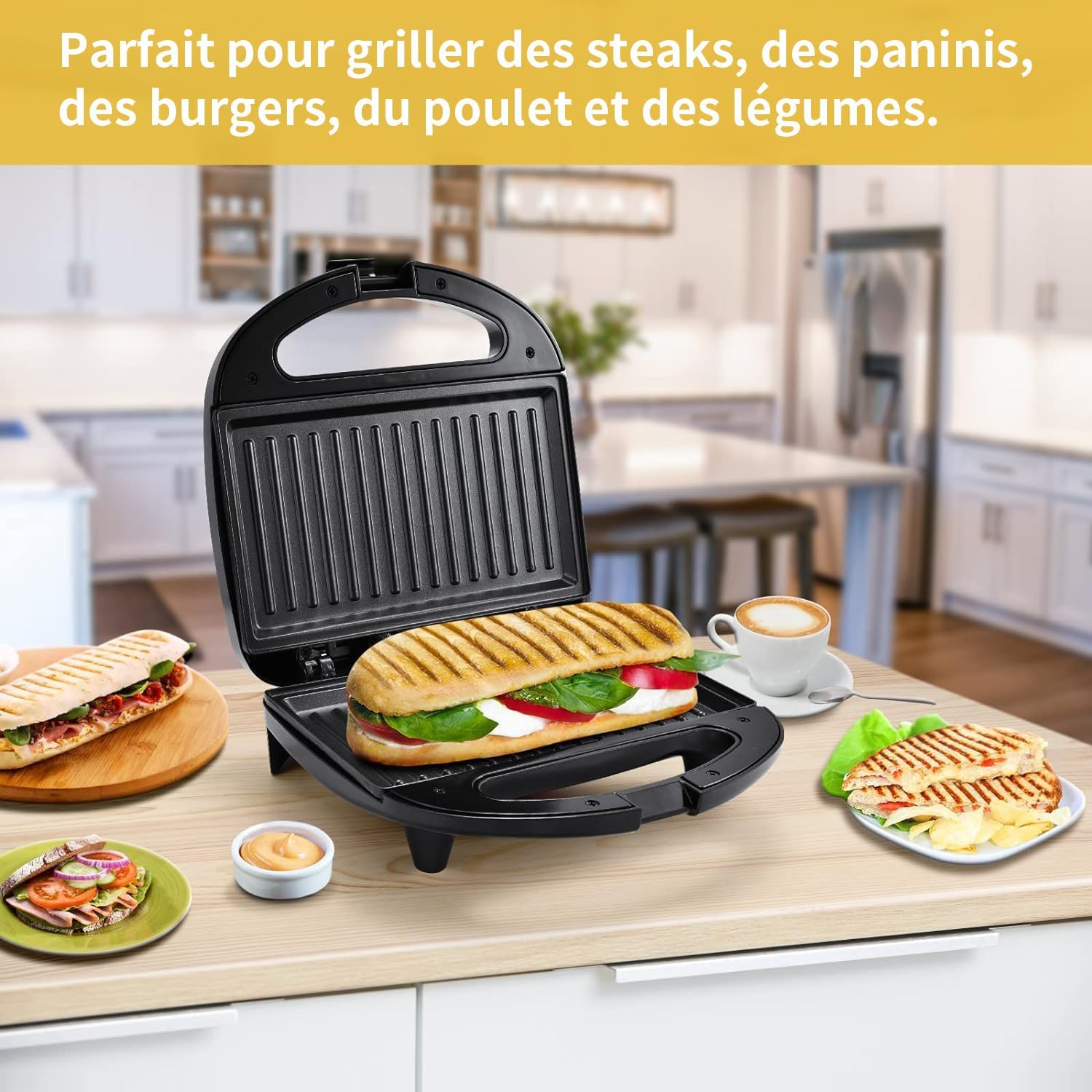 Panini Press Sandwich Maker, Sandwich Press with Indicator Lights, Cool Touch Handle, Non - Stick Coated Plates, 750W, Black - Amazing Gadgets Outlet