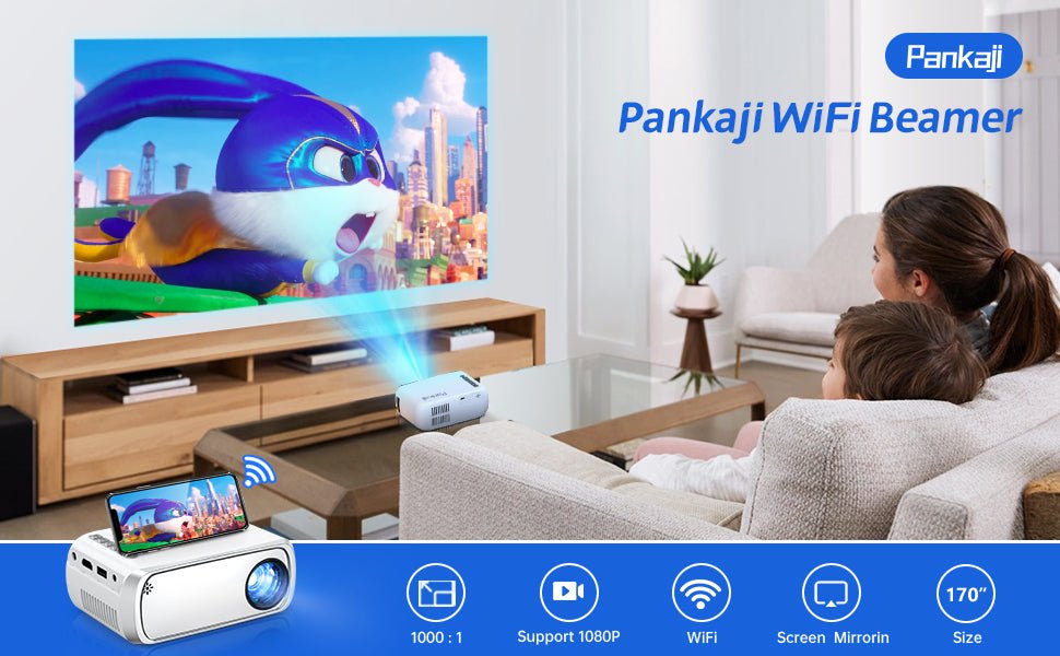 Pankaji Smartphone Projector, Mini Projector Full HD 1080P Support WiFi Projector Home Cinema Video Projector Compatible with PS4/TV Stick/HDMI/USB/iOS/Android Mobile Phone Portable Projector - Amazing Gadgets Outlet