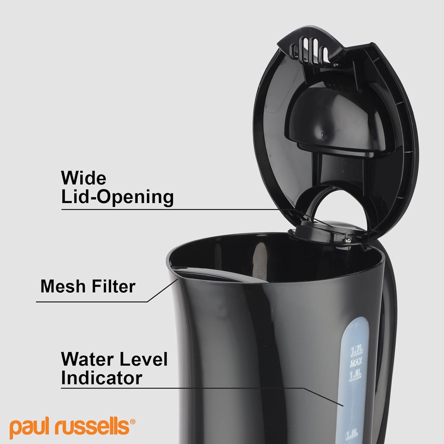 paul russells Electric Plastic Kettle, 2200W 1.7L, Hot water dispenser, Black Boil - Dry Protection, Auto Shut off Stirx Control - Amazing Gadgets Outlet
