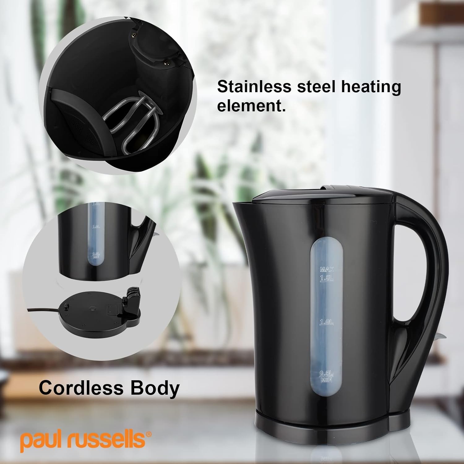 paul russells Electric Plastic Kettle, 2200W 1.7L, Hot water dispenser, Black Boil - Dry Protection, Auto Shut off Stirx Control - Amazing Gadgets Outlet