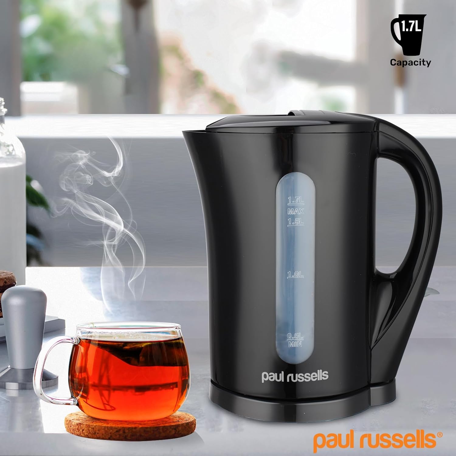 paul russells Electric Plastic Kettle, 2200W 1.7L, Hot water dispenser, Black Boil - Dry Protection, Auto Shut off Stirx Control - Amazing Gadgets Outlet