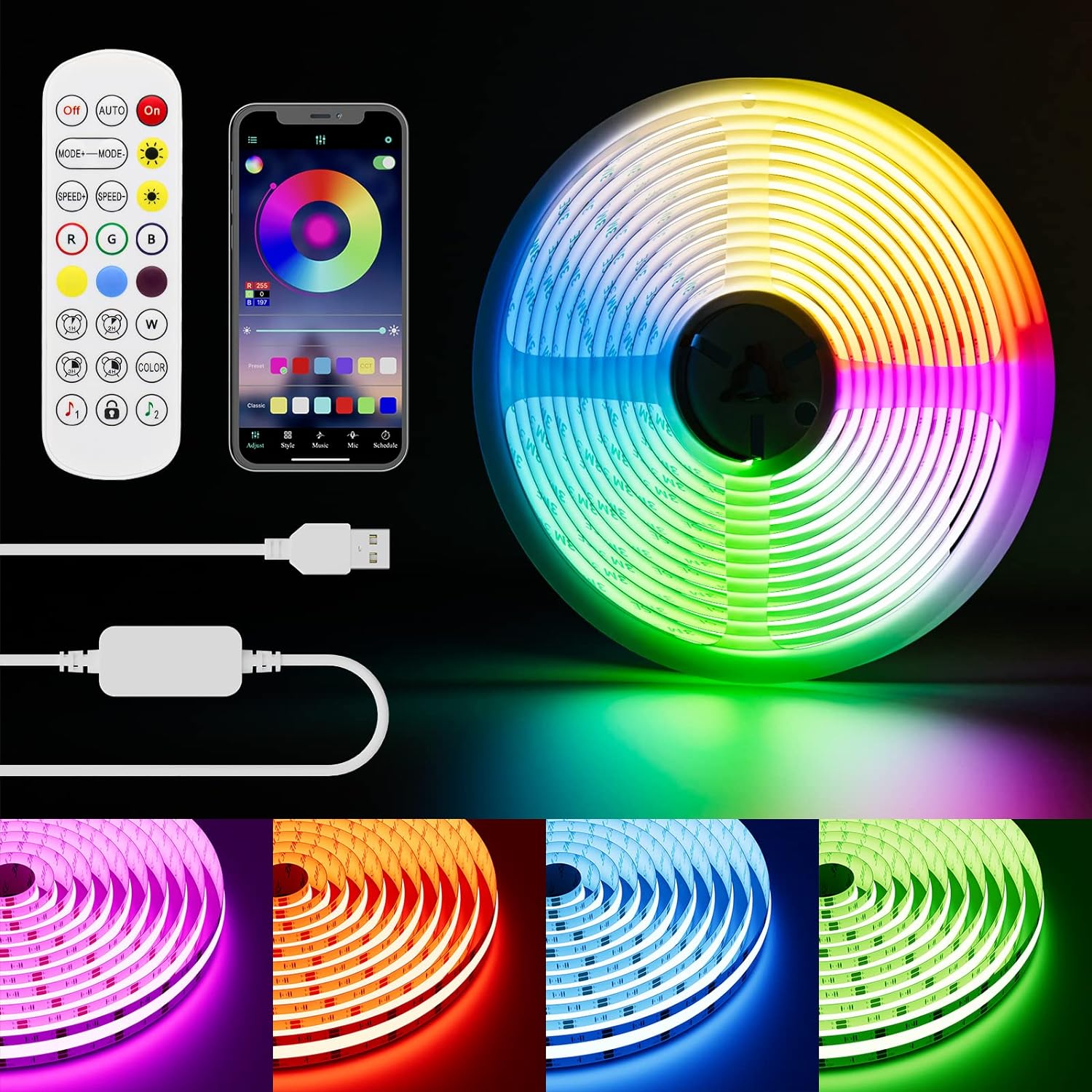 PAUTIX USB RGB Smart IC COB LED Strip 2m, 5V 360LEDs Colour - Changing Pixel Addressable RGB LED Tape Lights, Music Sync APP Control for TV Cabinet Mirror Bedroom Kitchen DIY Lighting - Amazing Gadgets Outlet