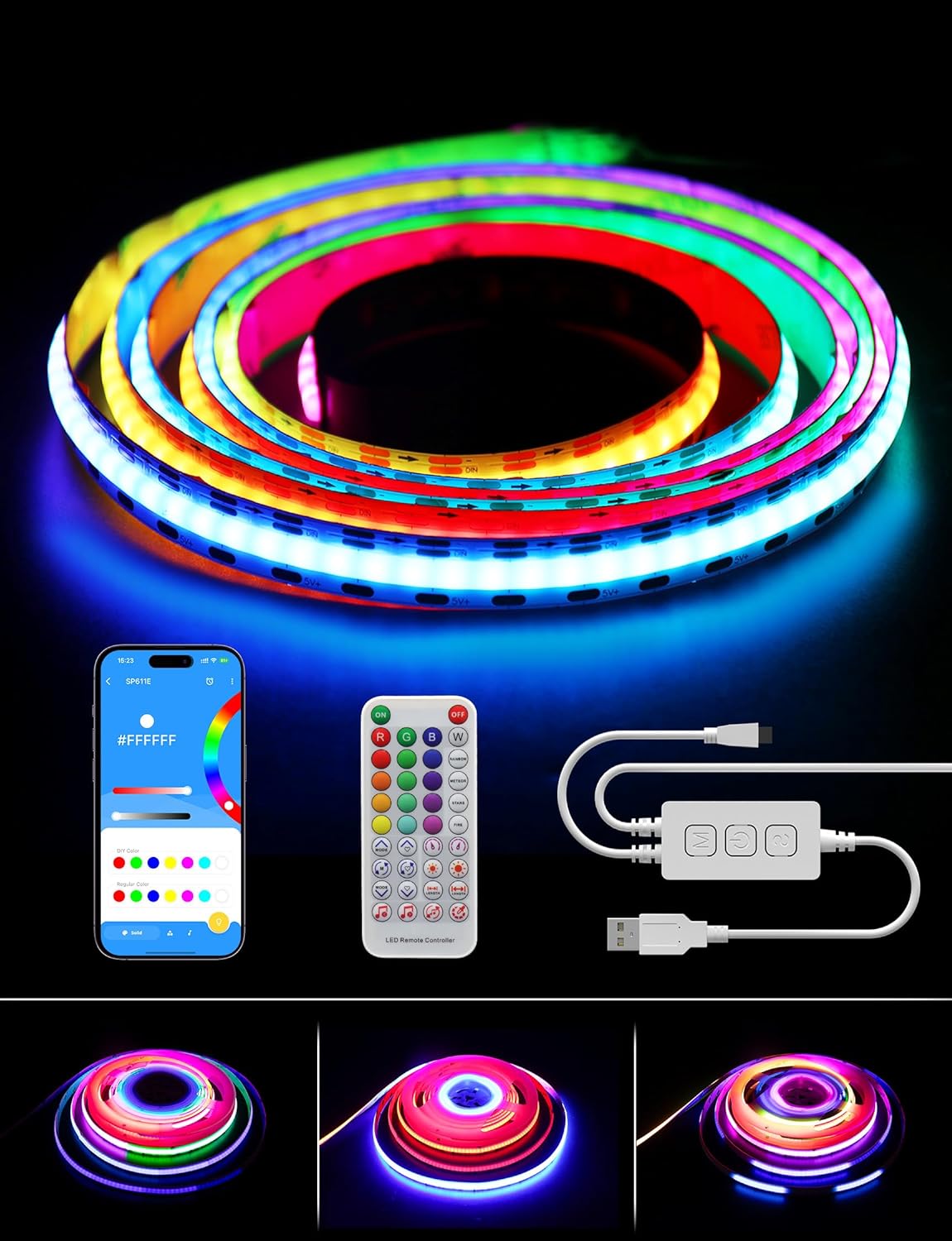 PAUTIX USB RGB Smart IC COB LED Strip 2m, 5V 360LEDs Colour - Changing Pixel Addressable RGB LED Tape Lights, Music Sync APP Control for TV Cabinet Mirror Bedroom Kitchen DIY Lighting - Amazing Gadgets Outlet