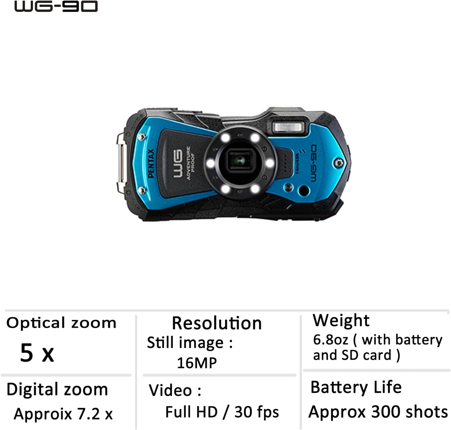 PENTAX WG - 90 Blue - Standard - class, waterproof digital compact camera, designed for casual underwater photography to a depth of 14 meters - Amazing Gadgets Outlet