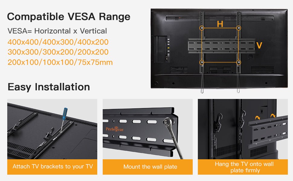 Perlegear TV Wall Bracket for 26 - 60 inch TVs up to 52kg, Sturdy Tilt TV Bracket with VESA 75x75 - 400x400mm, 55 Inch Slim Wall Mount with Safe Pull Strings - Amazing Gadgets Outlet