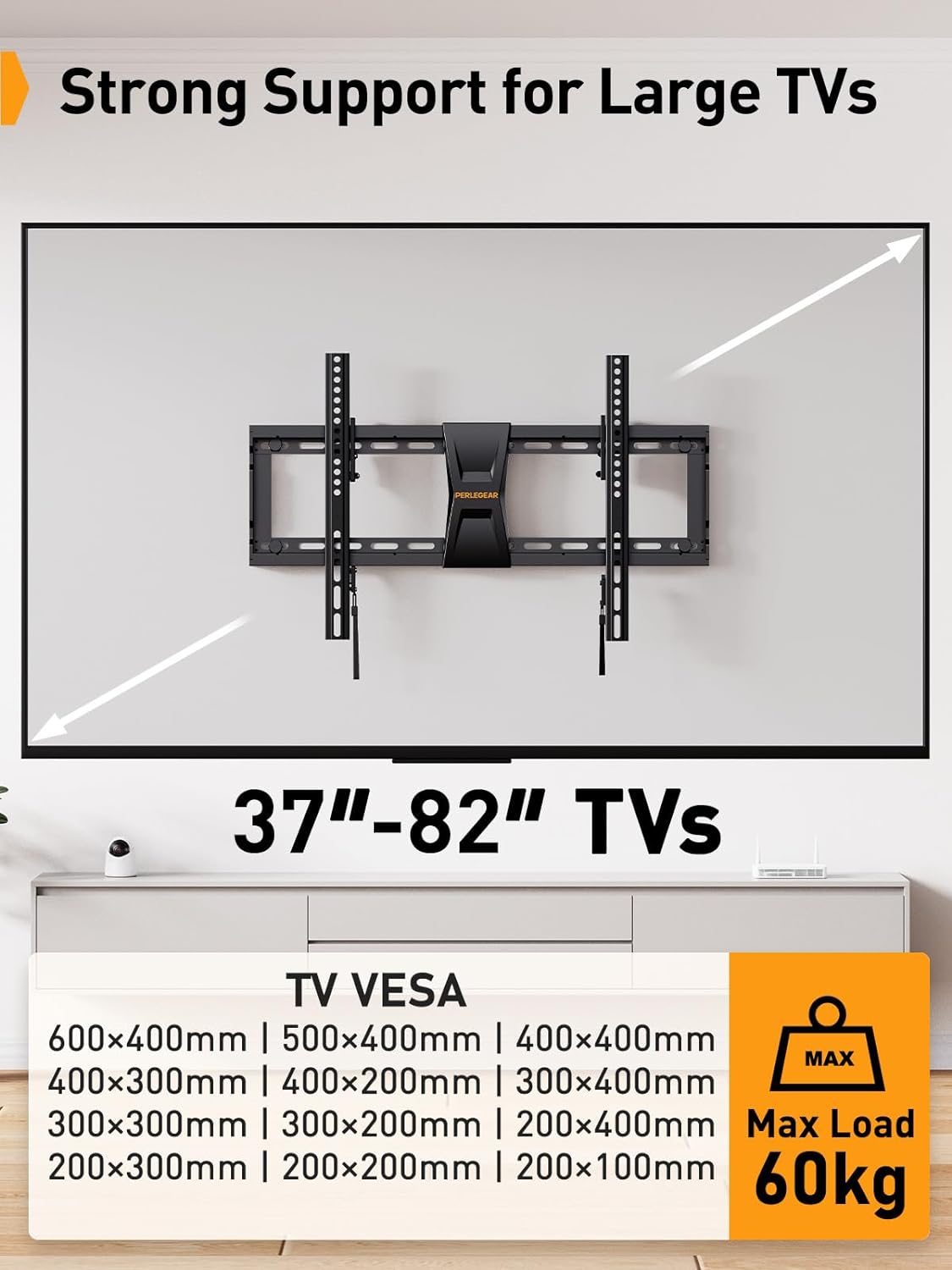 Perlegear TV Wall Bracket for Most 37–82 inch LCD LED 3D Plasma TVs up to 60kg, Slim Tilt TV Bracket for Flat or Curved TVs Max VESA 600x400mm, Large TV Wall Mount with Adjustable Pull Cords, PGLT5 - Amazing Gadgets Outlet