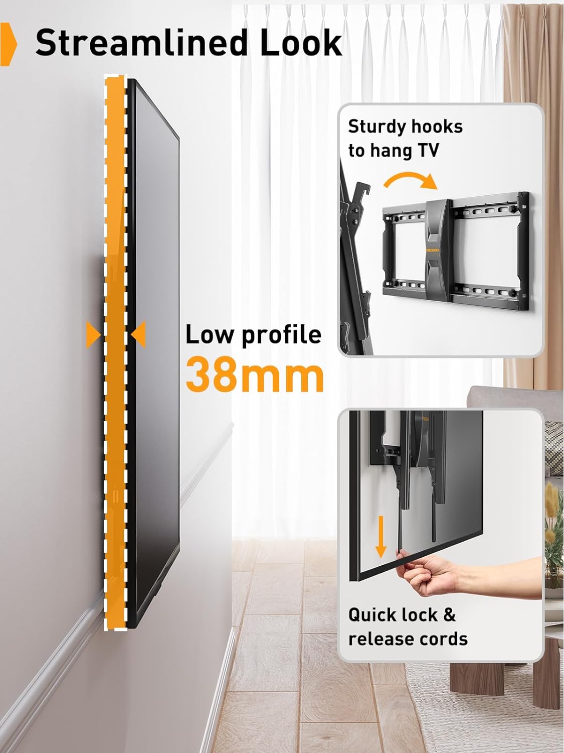 Perlegear TV Wall Bracket for Most 37–82 inch LCD LED 3D Plasma TVs up to 60kg, Slim Tilt TV Bracket for Flat or Curved TVs Max VESA 600x400mm, Large TV Wall Mount with Adjustable Pull Cords, PGLT5 - Amazing Gadgets Outlet