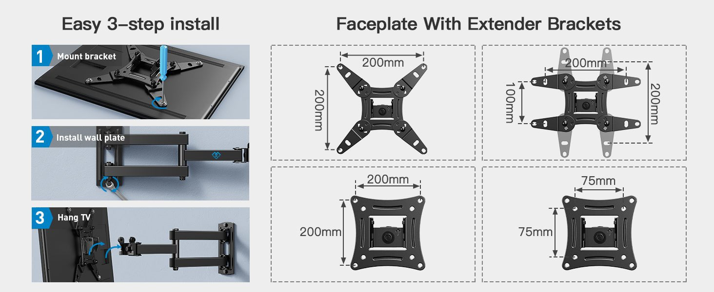 PERLESMITH TV Wall Bracket for 13 - 42 inch TVs, Swivels Tilts TV Wall Mount for Flat & Curved TV，VESA 75x75mm to 200x200mm up to 20kg   Import  Single ASIN  Import  Multiple ASIN ×Product customization General Description Gallery Revi - Amazing Gadgets Outlet