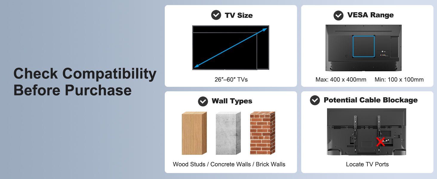 PERLESMITH TV Wall Bracket for 26 - 60 inch TVs, Swivel Tilt up to 40kg, 55 inch TV Wall Mount with Spirit Level, Max. VESA 400x400mm - Amazing Gadgets Outlet